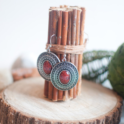 Etched stone metal disc drop earrings er0582 - Thumbnail 4