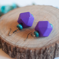 Geometric Purple Wooden Beaded Earrings ER0668 - Thumbnail 1
