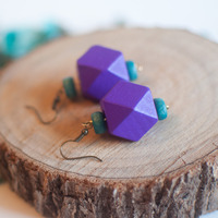 Geometric Purple Wooden Beaded Earrings ER0668 - Thumbnail 2