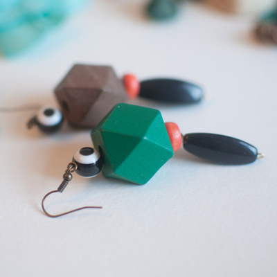 Geometric Wooden Beads Green Brown Earrings, ER0667