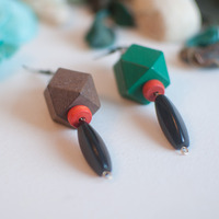 Geometric Wooden Beads Green Brown Earrings, ER0667 - Thumbnail 1