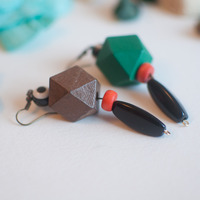 Geometric Wooden Beads Green Brown Earrings, ER0667 - Thumbnail 2