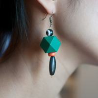 Geometric Wooden Beads Green Brown Earrings, ER0667 - Thumbnail 3