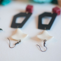 Plastic Vinyl Black Red White Drop Earrings, ER0660 - Thumbnail 1