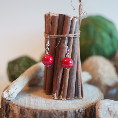 Red bead drop earrings, er0473 - Thumbnail 4