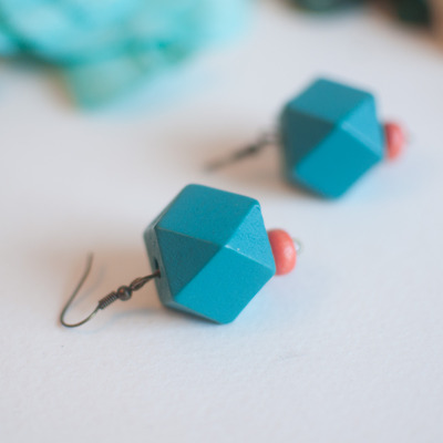 Sky Blue Orange Wooden Drop Earrings, ER0636