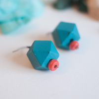 Sky Blue Orange Wooden Drop Earrings, ER0636 - Thumbnail 1