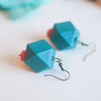 Sky Blue Orange Wooden Drop Earrings, ER0636 - Thumbnail 2