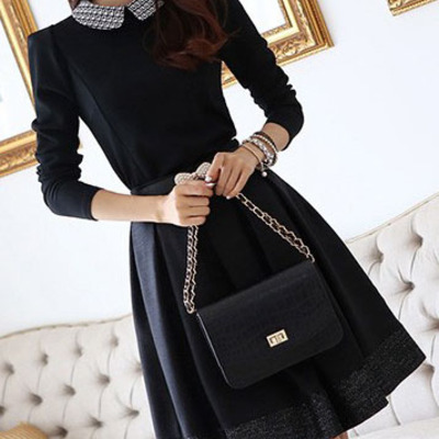 Fashion cotton blends pleated knee-length plain womens dresses 023-141218024