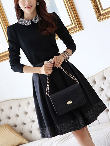 Fashion Cotton Blends Pleated Knee-Length Plain Womens Dresses 023-141218024