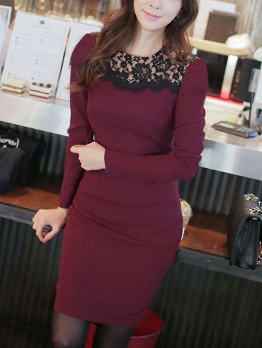 Fashion Lace Sheath Knee-Length Plain Womens Dresses 023-141220009