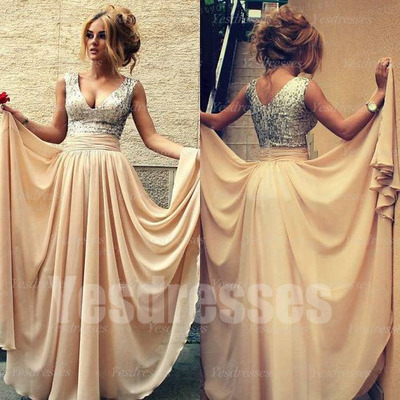 Long prom dress, v neck prom dress, sequin top prom dress, champagne prom dress, formal prom dress, party dress, evening dress,  PD15031