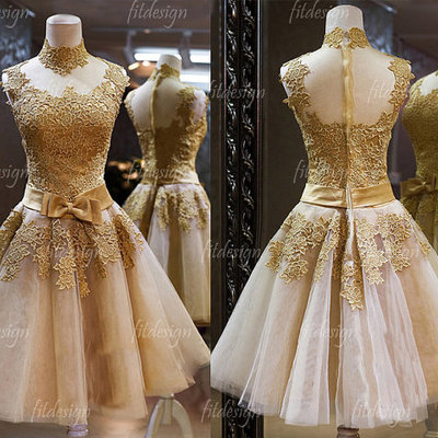 Lace prom dress, gold prom dress, short prom dress, homecoming dress, bd14061