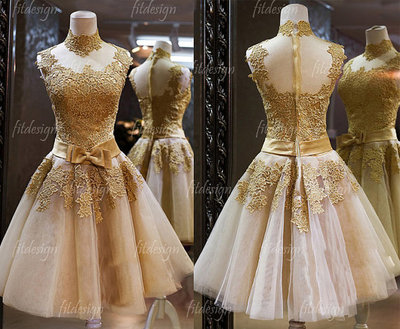 lace prom dress, gold prom dress, short prom dress, homecoming dress, BD14061