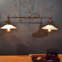 Vintage Industrial Double Shade Ceiling Sconce - Machine Age Flat Shade Pendant Lamp Light - Double Arm, Flat Shade - Thumbnail 1