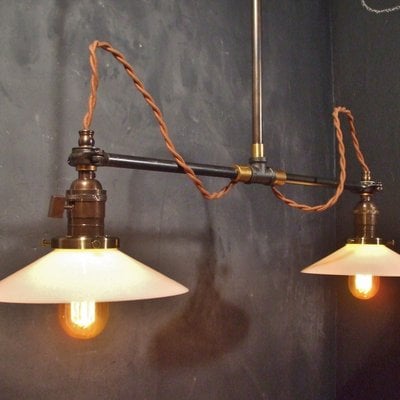 Vintage industrial double shade ceiling sconce - machine age flat shade pendant lamp light - double arm, flat shade