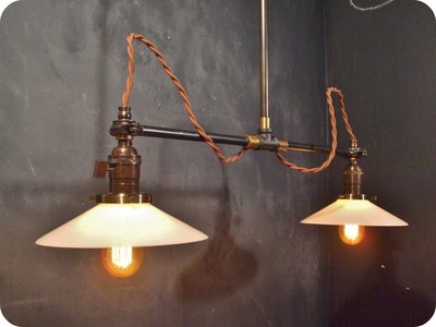 Vintage Industrial Double Shade Ceiling Sconce - Machine Age Flat Shade Pendant Lamp Light - Double Arm, Flat Shade