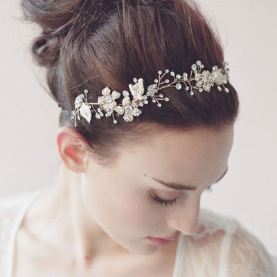 Faux pearl gold bridal wedding rhinestone crystal gold flower vines hair tiara - Thumbnail 5