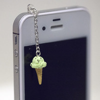 Kawaii MINT CHOCOLATE ICE CREAM CONE Iphone Earphone Plug/Dust Plug - Cellphone Headphone Handmade Decorations - Thumbnail 1