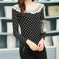 Cute Cotton Blends Long Sleeve O-Neck Pullover Polka Dot Womens T-Shirts 025-141229014 - Thumbnail 1
