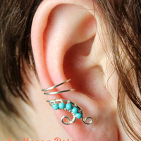 Ear Cuff with Turquoise Beads - The Half Swirl - Thumbnail 1