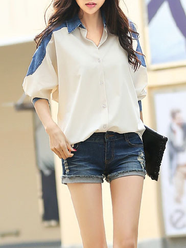 Cute chiffon long sleeve turn-down collar single breasted patchwork womens t-shirts 025-141230021