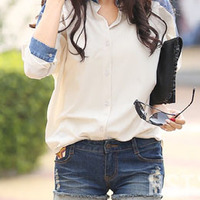 Cute Chiffon Long Sleeve Turn-Down Collar Single Breasted Patchwork Womens T-Shirts 025-141230021 - Thumbnail 3