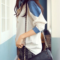 Cute Chiffon Long Sleeve Turn-Down Collar Single Breasted Patchwork Womens T-Shirts 025-141230021 - Thumbnail 4