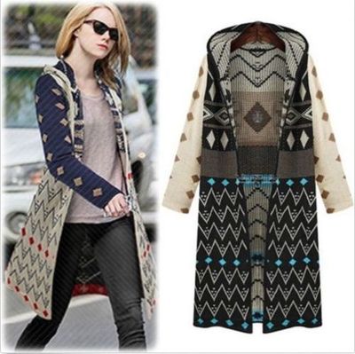 Geometric long hooded knitted cardigan sweater