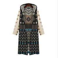 Geometric Long Hooded Knitted Cardigan Sweater - Thumbnail 1