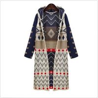 Geometric Long Hooded Knitted Cardigan Sweater - Thumbnail 2