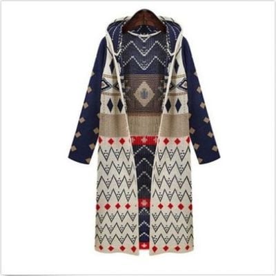 Geometric long hooded knitted cardigan sweater