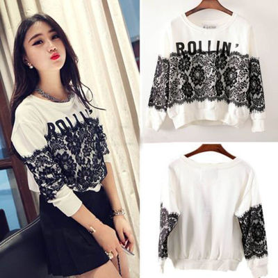 Casual crewneck sweatshirt loose blouse lace