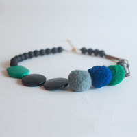 Felted Large Safety Pin Grey Green Blue Balls Necklace, Ribbon Necklace DIY, Craft Ideas With Felt Necklace, NL0766 - Thumbnail 1