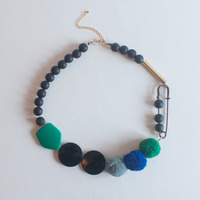 Felted Large Safety Pin Grey Green Blue Balls Necklace, Ribbon Necklace DIY, Craft Ideas With Felt Necklace, NL0766 - Thumbnail 2