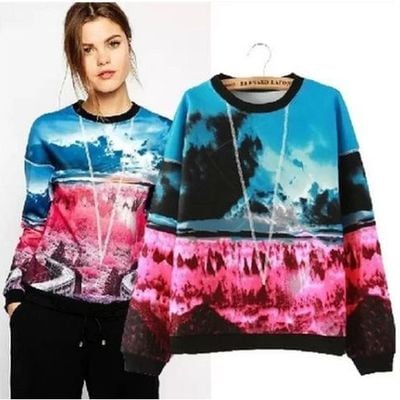 Vintage scenery print spliced hoodie sweat sweatshirt