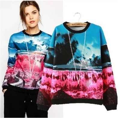 Vintage scenery print spliced hoodie sweat sweatshirt