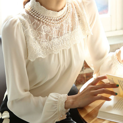 Cute chiffon long sleeve o-neck pullover plain womens blouses 024-150103001