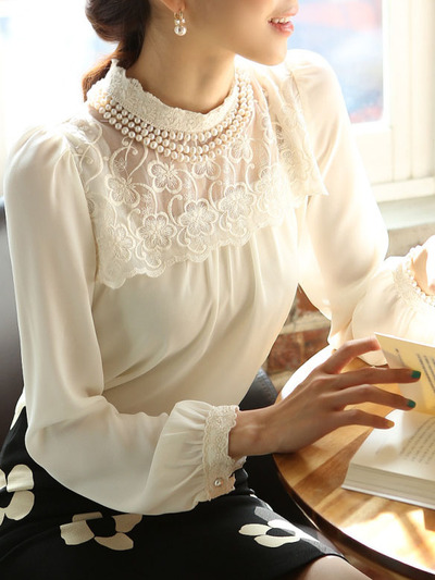 Cute chiffon long sleeve o-neck pullover plain womens blouses 024-150103001