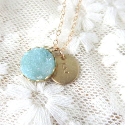Tiny druzy pendant necklace, aqua glow 