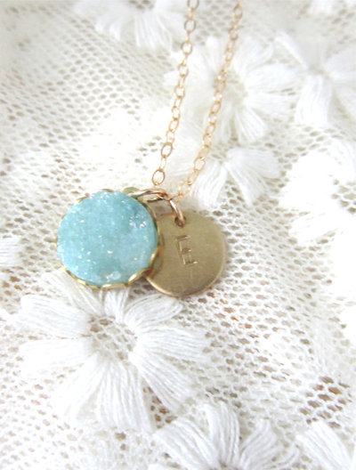 Tiny druzy pendant necklace, aqua glow 
