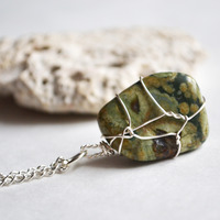Rainforest Jasper Necklace, Wire Wrapped Stone Necklace, Wire Wrapped Stone, Healing Stones - Thumbnail 4