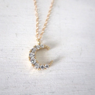 Luna necklace, rhinestone moon on gold filled chain 