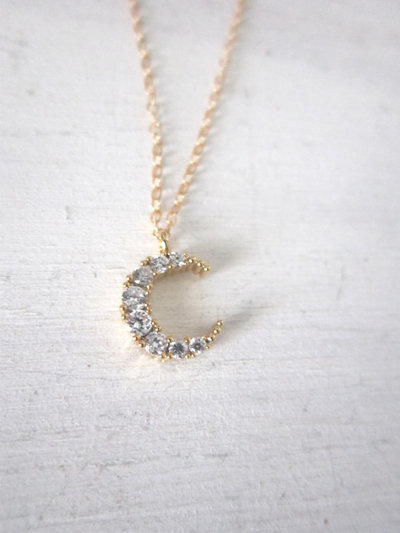 Luna necklace, rhinestone moon on gold filled chain 