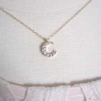 Luna necklace, rhinestone moon on gold filled chain  - Thumbnail 3