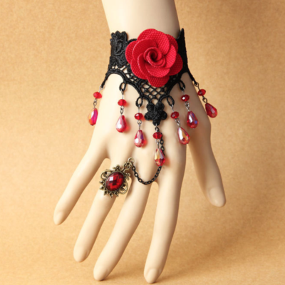 Gothic goth evening black lace red rose droplets slave bracelet with ring