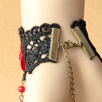 Gothic Goth Evening Black Lace Red Rose Droplets Slave Bracelet With Ring - Thumbnail 2
