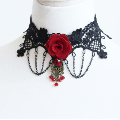 Black floral lace red rose drop tassel chain gothic goth lolita choker necklace