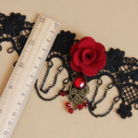 Black Floral Lace Red Rose Drop Tassel Chain Gothic Goth Lolita Choker Necklace - Thumbnail 2