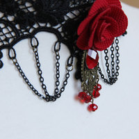 Black Floral Lace Red Rose Drop Tassel Chain Gothic Goth Lolita Choker Necklace - Thumbnail 3